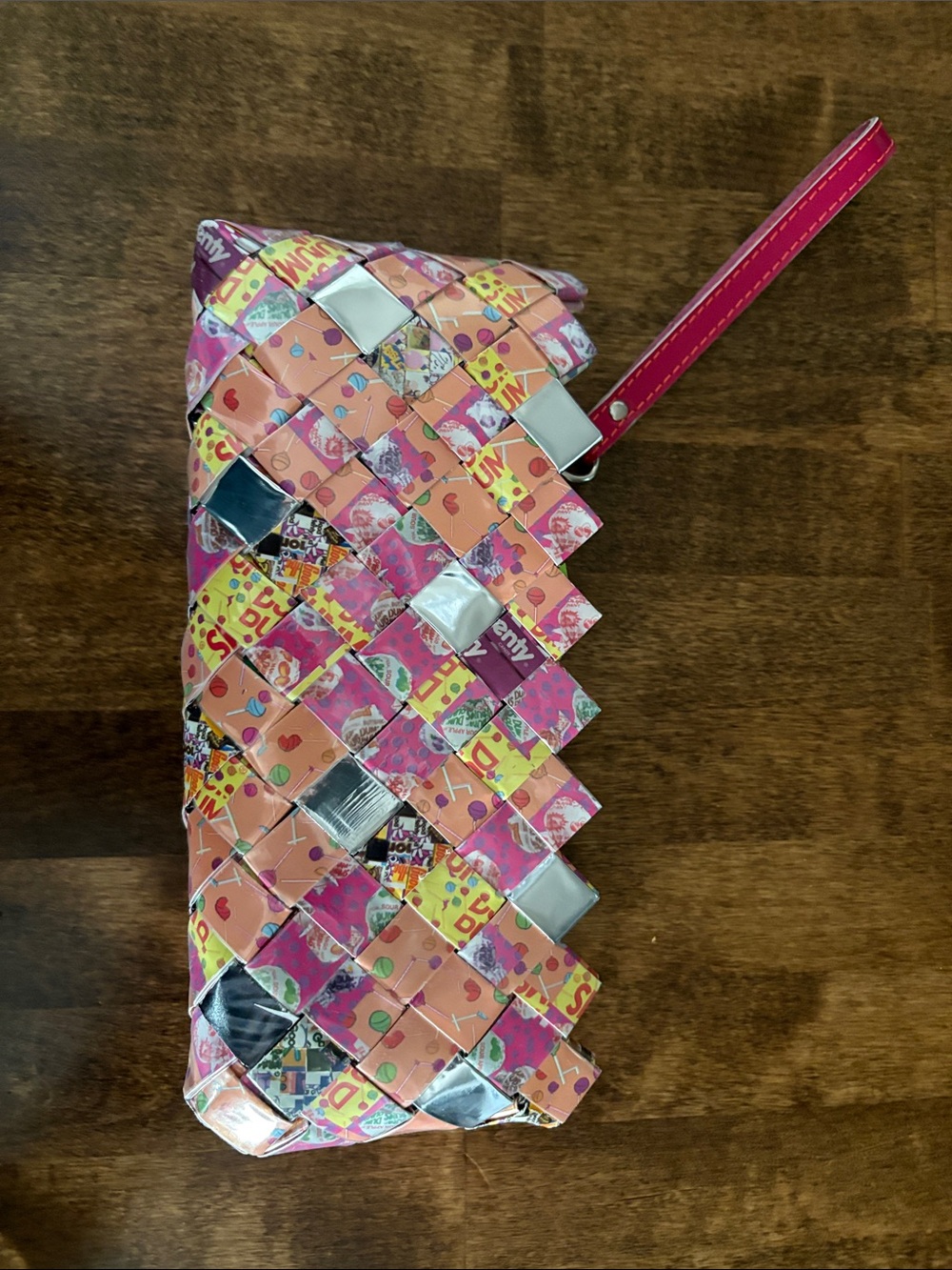 Pink Woven Multi-Color Wristlet Clutch